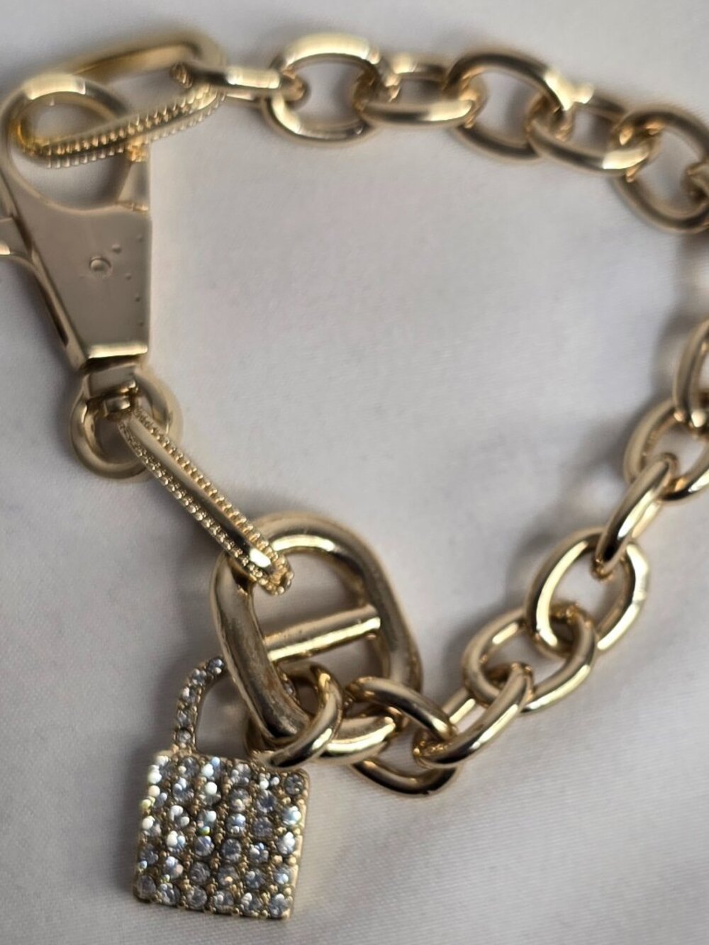 Gold Tone Link Chain Bracelet with Rhinestone Padlock Charm